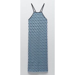 ZARA Jacquard Knit Blue Black Bodycon Midi Dress Womens XS-S Retro Chic Workwear